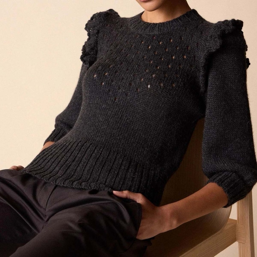 St. Roche Alpaca Ruffle Pointelle Sweater Charcoal 3/4 Balloon Sleeves Medium - Picture 9 of 9